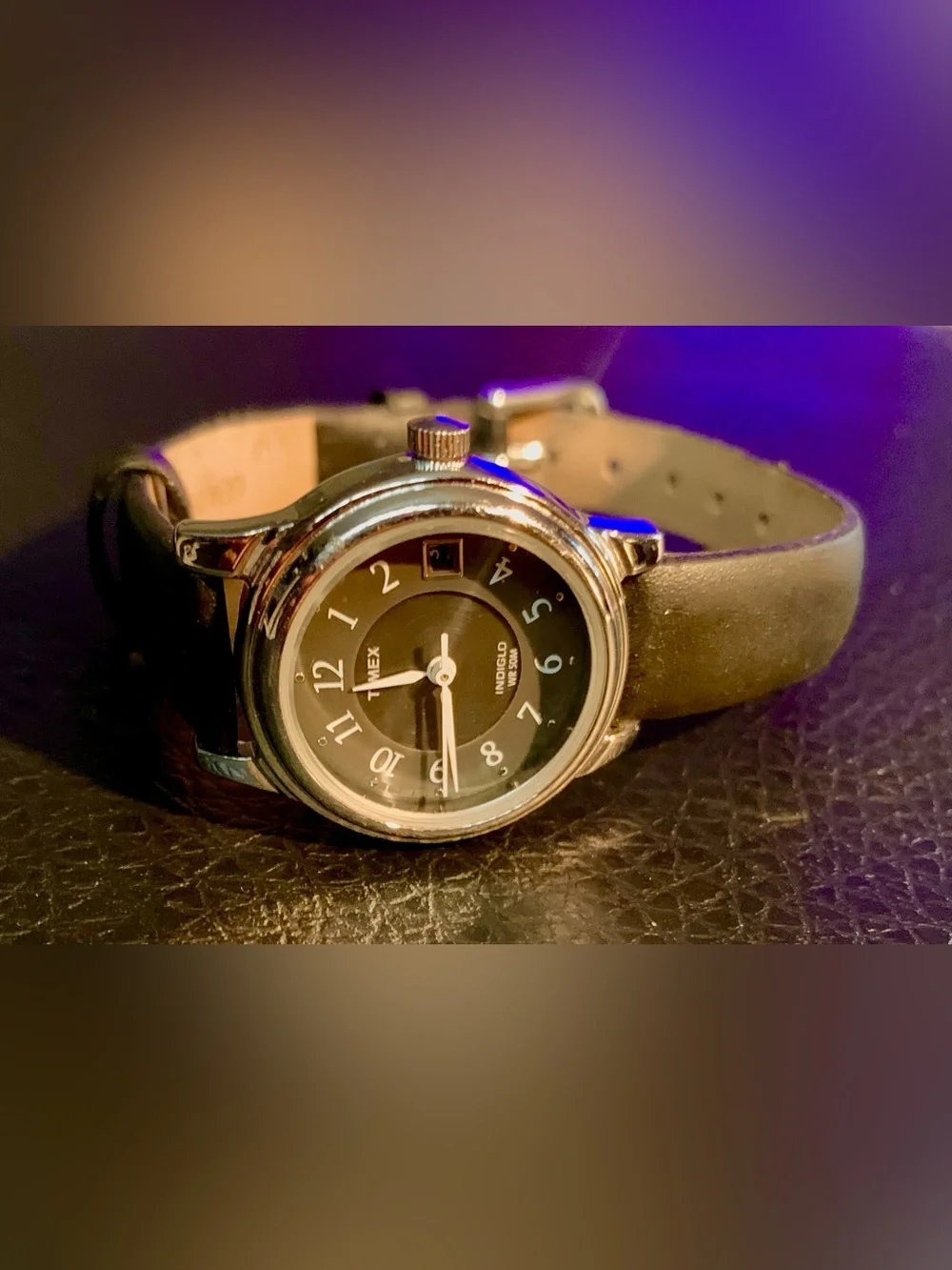 Timex Black Dial Silver Case Leather Strap Watch
